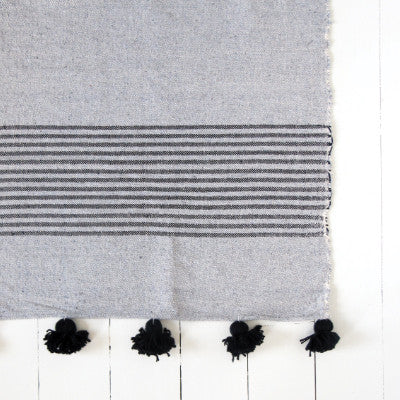 Large Grey and Black Striped Pom Pom Blanket