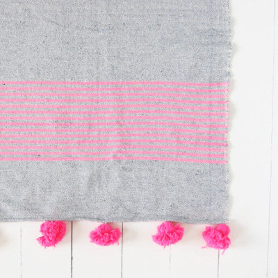 Large Grey and Pink Striped Pom Pom Blanket