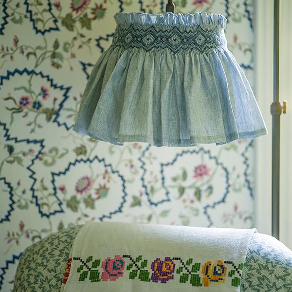 'Elsie' Handsmocked Lampshade Skirt - Sky Blue Delphinium